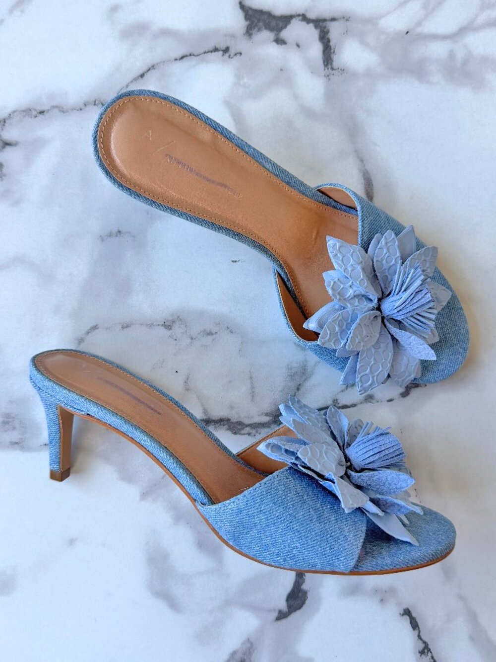 Anthropologie Floral Appliqué Blue Denim Sandal Heels Size 39
